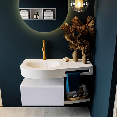 MONDIAZ RIVA 100cm badmeubel onderkast / planchet kleur Cale met 1 lade. Wastafel DULCET links 1 kraangat kleur Talc.