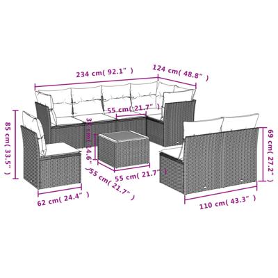 9-delige Loungeset met kussens poly rattan grijs