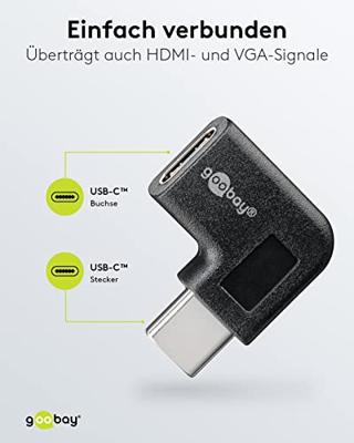 Goobay 45402 USB-C 90° schuine OTG Super Speed adapter voor de aansluiting van USB-C oplaadkabels - voert USB-C-kabel naar links of rechts af