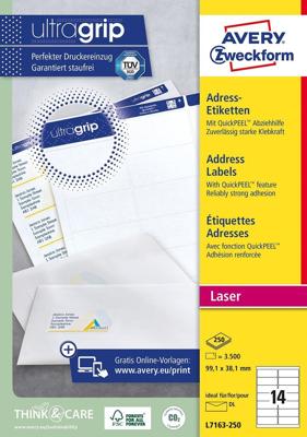 Avery L7163, Adresetiketten, Laser, Ultragrip, wit, 250 vellen, 14 per vel, 99,1 x 38,1 mm