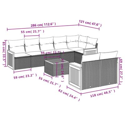9-delige Loungeset met kussens poly rattan grijs
