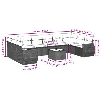 10-delige Loungeset met kussens poly rattan zwart - thumbnail