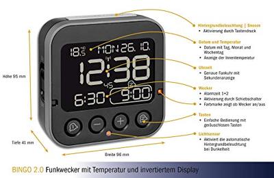 TFA Dostmann 60.2552.01 Wekker Zendergestuurd Zwart Alarmtijden 2 Groot display