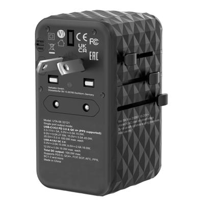 Verbatim GaN universele reisadapter UTA‑06 100 W, stekkeradapter met 2 USB‑A en 2 USB-C poorten, snellader voor laptop, mobiele telefoon, camera en co, reisstekker wereldwijd inzetbaar, 100-250 V