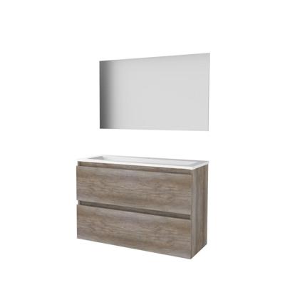 Basic-Line Ultimate 39 Badkamermeubelset - Ondiep - 100 x 39 cm - Greeploos - 2 Lades - Acryl Wastafel - 1 Kraangat - Spiegel met Indirecte LED Verlichting - Scotch Oak