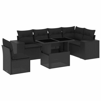 7-delige Loungeset met kussens poly rattan zwart
