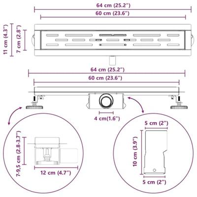 VidaXL Doucheafvoer met lijndesign zilver 60 cm roestvrij staal 304