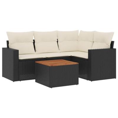 5-delige Loungeset met kussens poly rattan zwart