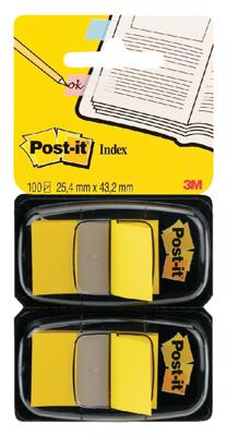 Post-it index standaard, ft 24,4 x 43,2 mm, houder met 2 x 50 tabs, geel