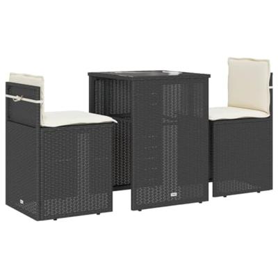 3-delige Bistroset met kussens poly rattan zwart - thumbnail