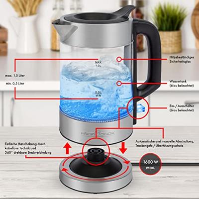 ProfiCook PC-WKS 1229 G waterkoker 1 l 1600 W Roestvrijstaal, Transparant