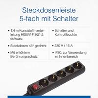 Schwabe Stekkerdoos zwart 5 x randaarde met schakelaar 1,4m kabel - thumbnail