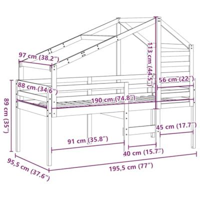 Hoogslaper met dak massief grenenhout wasbruin 90x190 cm