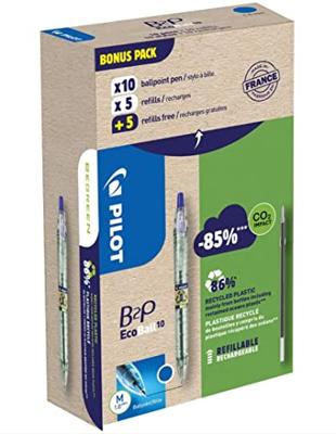 Pilot Ecoball B2P BeGreen balpen, medium punt, 0,3 mm 10 stuks + 10 vullingen, blauw Pilot Ecoball B2P BeGreen balpen, medium punt, 0,3 mm 10 stuks + 10 vullingen, blauw
