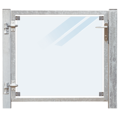 Glazen Tuinpoort Gehard Gelaagd Mat Glas 99 x 91 CM + 16 CM Stalen Palen Voor In Beton - Links Opgehangen Glazen Tuinpoort Gehard Gelaagd Mat Glas 99 x 91 CM + 16 CM Stalen Palen Voor In Beton - Links Opgehangen