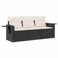 3-delige Loungeset met kussens poly rattan zwart - thumbnail