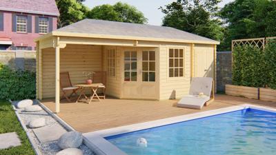 Blokhut Olson 300x300 cm + luifel 265 cm + berging 140 cm - Honing geïmpregneerd- Puntdak- Geïmpregneerd vurenhout- Tuindeco