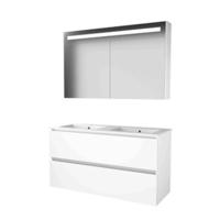 Basic-Line Premium 46 Badkamermeubelset - 120 x 46 cm - Greeploos - 2 Lades - Keramische Wastafel - 2 Kraangaten - Spiegelkast met LED Verlichting - Ice White - thumbnail