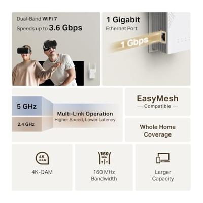 TP-Link WiFi 7 RE225BE Dual-band WLAN-repeater BE3600Mbps, 1 gigabit-poort, krachtig voor thuis, compatibel met alle internetboxen, 2 externe antennes, 160 MHz, MLO, 4K-QAM, Multi-Rus TP-Link WiFi 7 RE225BE Dual-band WLAN-repeater BE3600Mbps, 1 gigabit-poort, krachtig voor thuis, compatibel met alle internetboxen, 2 externe antennes, 160 MHz, MLO, 4K-QAM, Multi-Rus