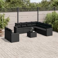 10-delige Loungeset met kussens poly rattan zwart - thumbnail