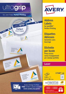 Avery L7160, Adresetiketten, Laser, Ultragrip, wit, 100 vellen, 21 per vel, 63,5 x 38,1 mm Avery L7160, Adresetiketten, Laser, Ultragrip, wit, 100 vellen, 21 per vel, 63,5 x 38,1 mm