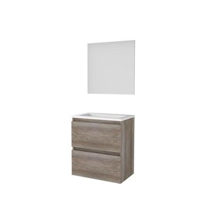 Basic-Line Ultimate 39 Badkamermeubelset - Ondiep - 60 x 39 cm - Greeploos - 2 Lades - Acryl Wastafel - Zonder Kraangat - Spiegel met Indirecte LED Verlichting - Scotch Oak