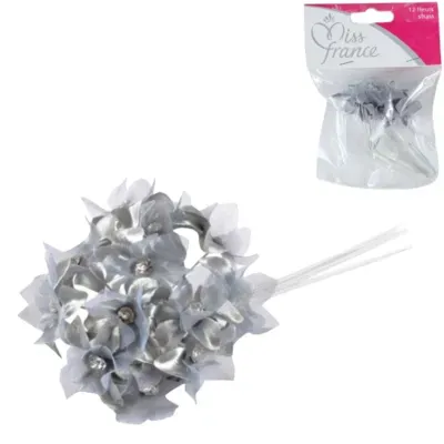 Miss France satijnen bloemen met strass grijs 13 cm 12 stuks | 24 stuks