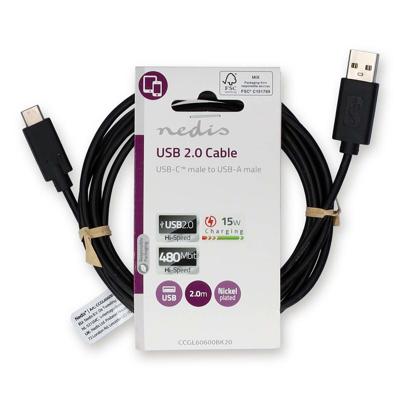 USB-Kabel | USB 2.0 | USB-A Male | USB-C Male | 15 W | 480 Mbps | Vernikkeld | 2.00 m | Rond | PVC | Zwart