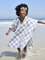 Gepersonaliseerde bad-/strandponcho voor kinderen, met gerecycled katoen blauw, geruit - thumbnail