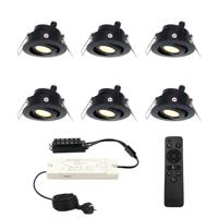 Set met 6 Sienna 12V inbouwspots - 3 Watt 200 lumen - 2700K warm wit - Zwart - IP44 waterdicht - kantelbaar - verandaspots - met afstandsbediening - thumbnail