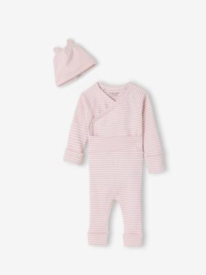 Babyset body, legging en muts met strepen gemêleerd roze