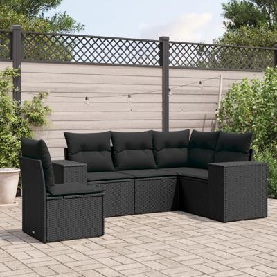 6-delige Loungeset met kussens poly rattan zwart