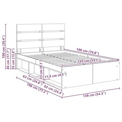 Bedframe Ambachtelijk eiken 135 x 190 cm Massief grenenhout