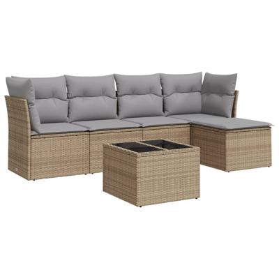 6-delige Loungeset met kussens poly rattan beige