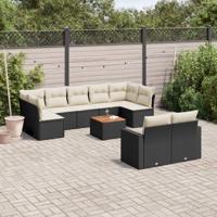 10-delige Loungeset met kussens poly rattan zwart - thumbnail
