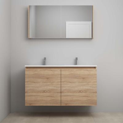 On-Line Badkamermeubelset - 120 cm - Voorgemonteerd - Greeploos 2 Deuren - Acryl Wastafel - 2 Kraangaten - Spiegelkast - Eiken