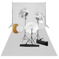 Fotostudioset met lampen, paraplu's, achtergrond en reflector - thumbnail