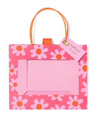 HEMA Cadeautas 24x20x11cm bloemenprint met venster roze/oranje