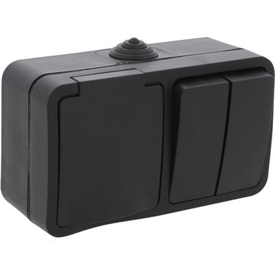 Q-LINK Spatwaterdicht Stopcontact met Dubbele Serieschakelaar IP54 Zwart