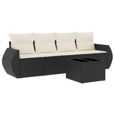 5-delige Loungeset met kussens poly rattan zwart