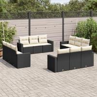 12-delige Loungeset met kussens poly rattan zwart - thumbnail