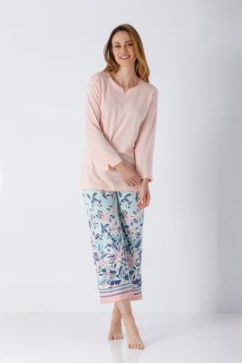 Hajo dames pyjama roze blauw en bloemen Hajo dames pyjama roze blauw en bloemen