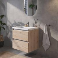 Saqu Gaia badmeubel incl. glans witte wastafel 60x52x64cm naturel eiken - aluminium greeplijst - thumbnail