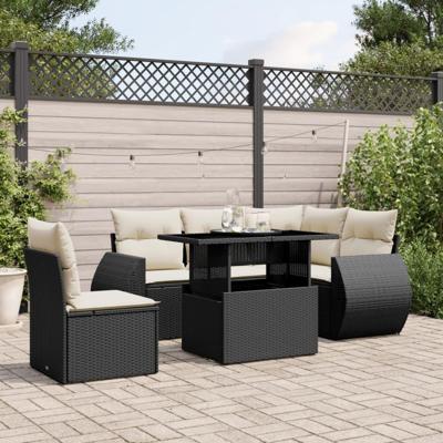 6-delige Loungeset met kussens poly rattan zwart - thumbnail
