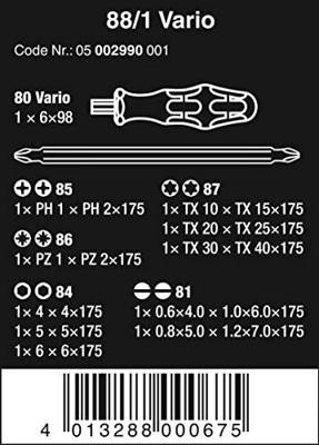 Wera 88/1 Werkplaats Wisselklingset 11-delig Plat, Kruiskop Phillips, Kruiskop Pozidriv, Binnen-Torx, Inbus