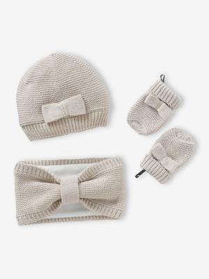 Set voor babymeisjes muts + snood + wanten strikjes ecru Set voor babymeisjes muts + snood + wanten strikjes ecru