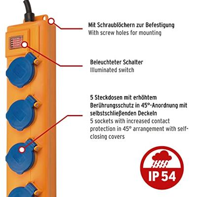 Brennenstuhl Super-Solid SL 554 DE FI IP54 Tafelcontactdozenblok 5-voudig 5m H07RN-F 3G1,5 - 1159900805 - thumbnail