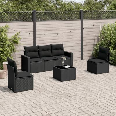 6-delige Loungeset met kussens poly rattan zwart