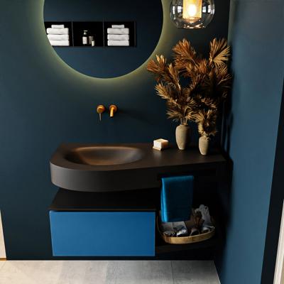 MONDIAZ RIVA 100cm badmeubel onderkast / planchet kleur Jeans met 1 lade. Wastafel DULCET links 0 kraangaten kleur Urban.