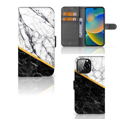 iPhone 14 Pro Max | Bookcase | Marmer Wit Zwart - Origineel Cadeau Man